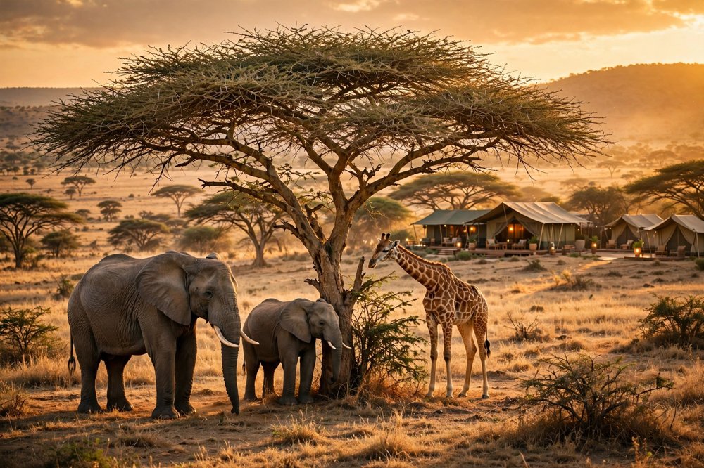 Elephants on a golden savanna at sunset