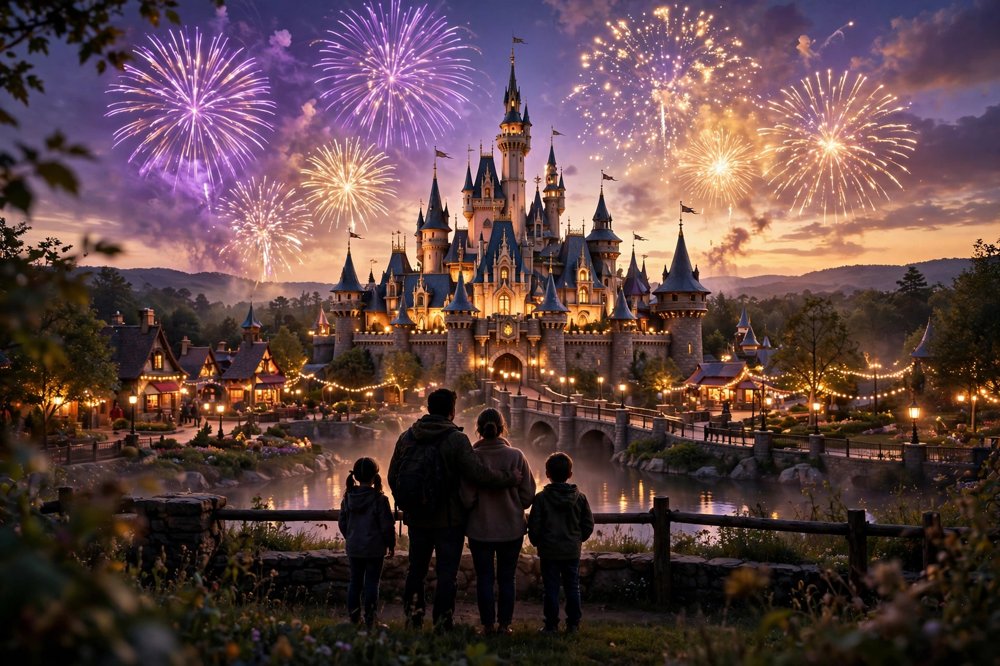 A fairy-tale castle theme park at dusk with fireworks