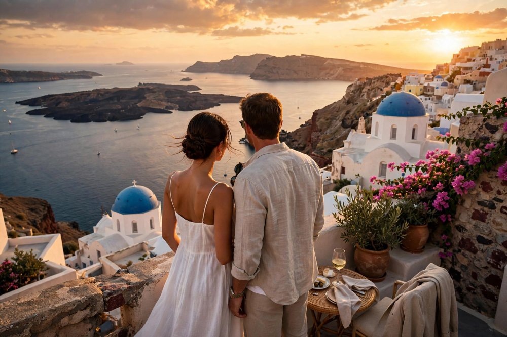 Santorini, Greece at golden hour