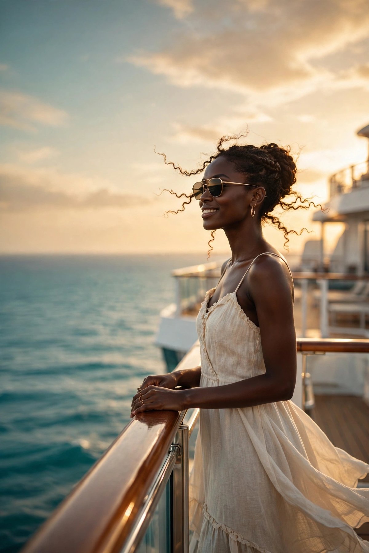 A Cocoa Luxe traveler enjoying a luxury cruise balcony at sunset