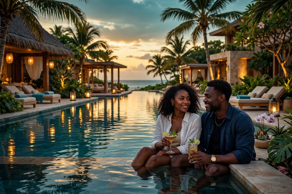 Couple at a luxury tropical resort pool at dusk